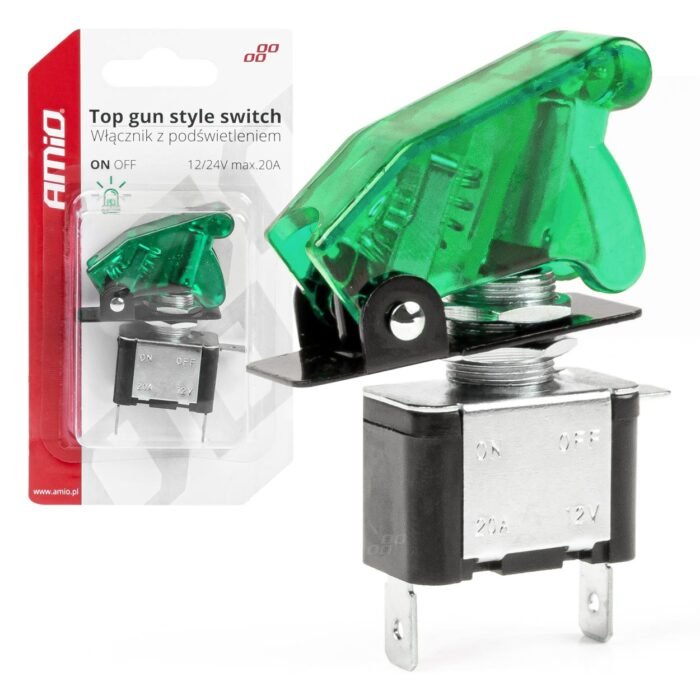 Comutator iluminat (intrerupator) cu protectie, destinatie auto, moto, ATV, SSV, Off-Road, model "TOP GUN", tensiune 12V - 24V, culoare Verde - imagine 1