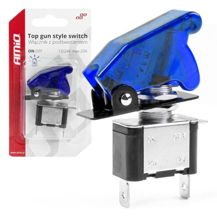 Comutator iluminat (intrerupator) cu protectie, destinatie auto, moto, ATV, SSV, Off-Road, model "TOP GUN", tensiune 12V - 24V, culoare Albastra - imagine 1