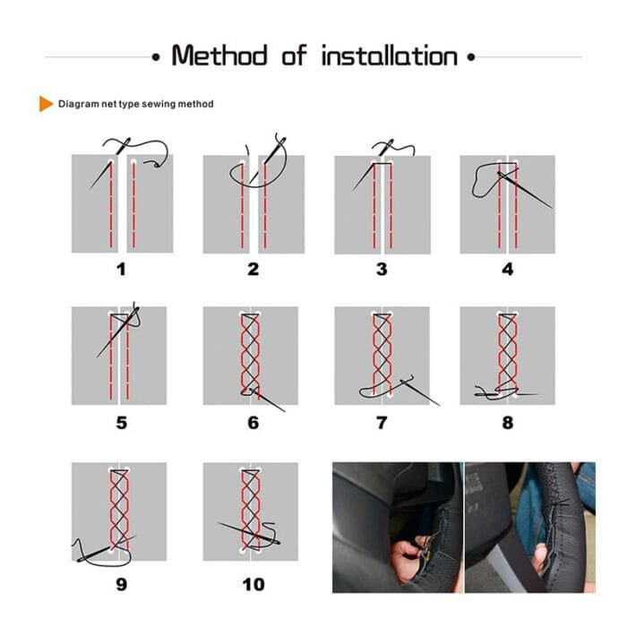 Husa volan din PIELE NATURALA NEAGRA CU DUNGA ROSIE, pentru autoturisme, diametru 37 - 39 cm, cu ac si ata (se coase, aspect ORIGINAL) - imagine 4