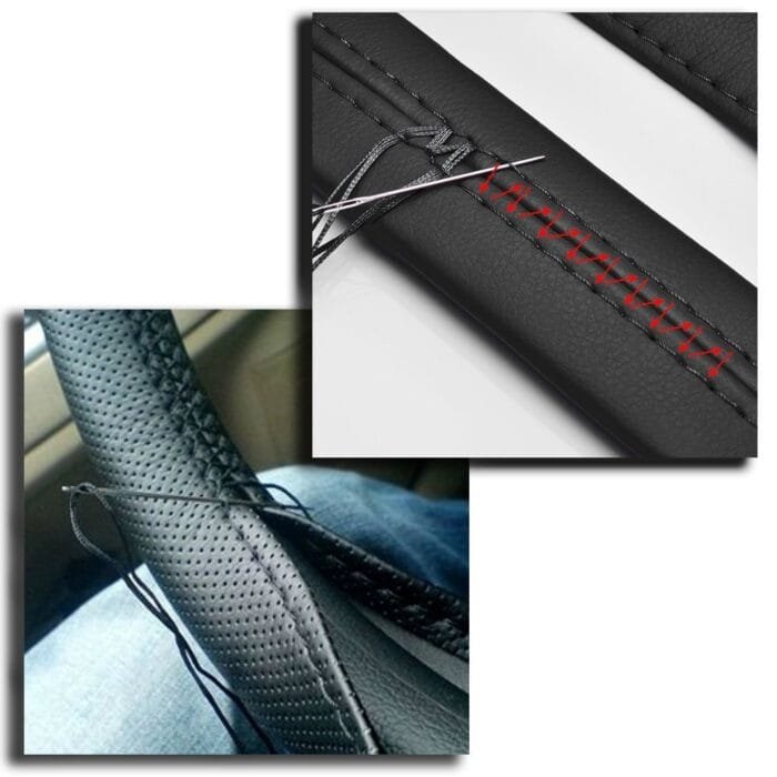 Husa volan din PIELE NATURALA CU DOUA DUNGI ROSII, pentru autoturisme, diametru 37 - 39 cm, cu ac si ata (se coase, aspect ORIGINAL) - imagine 3
