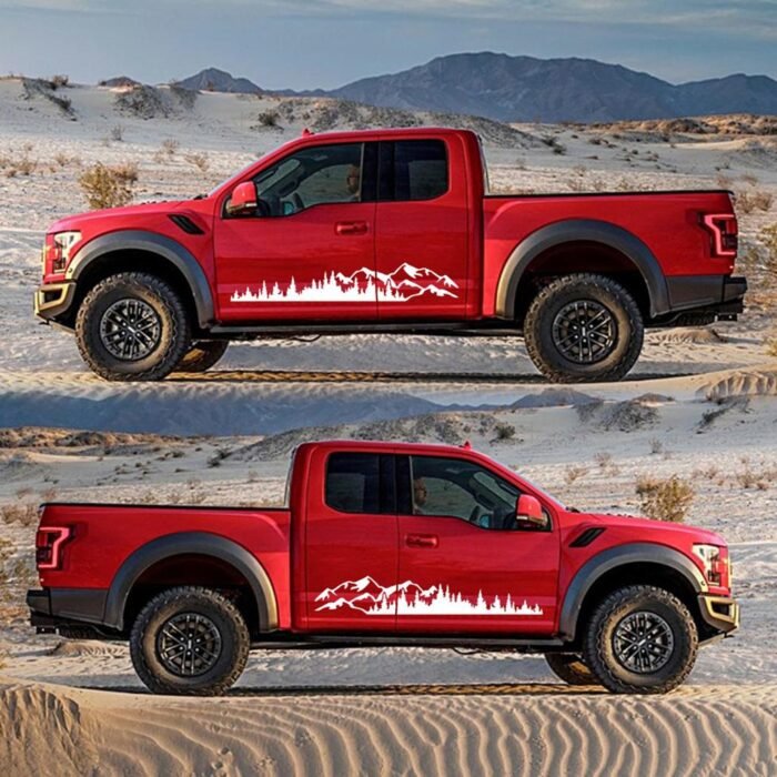 Set 2 stickere autoadezive pentru vehicule Off Road, model "Forest & Mountains", dimensiune 100 x 20 cm, culoare Alba - imagine 1